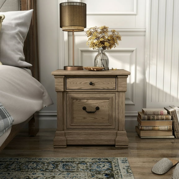 Furniture of America Quenai Modern 2-Drawer Solid Wood Adult Nightstand, Weathered Gray