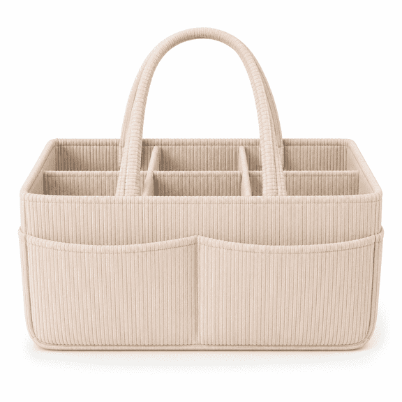 PLERISE Corduroy Baby Diaper Caddy for Newborn Essentials, Nursery Storage Basket with Handles for Changing Table Car, Cream, 1 Pack