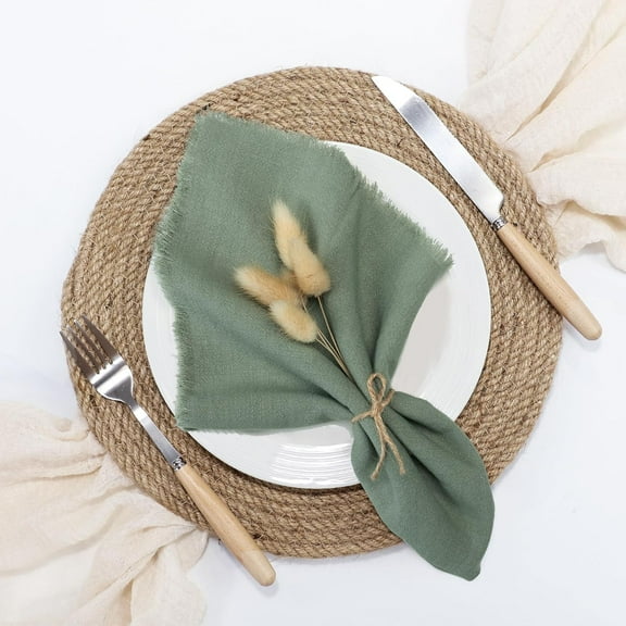 Sage Green Cloth Napkins Washable, Linen Cotton Table Rustic Fabric Napkin Bulk with Fringe for Thanksgiving Dinner Wedding Party Set of 8 17x17 inch