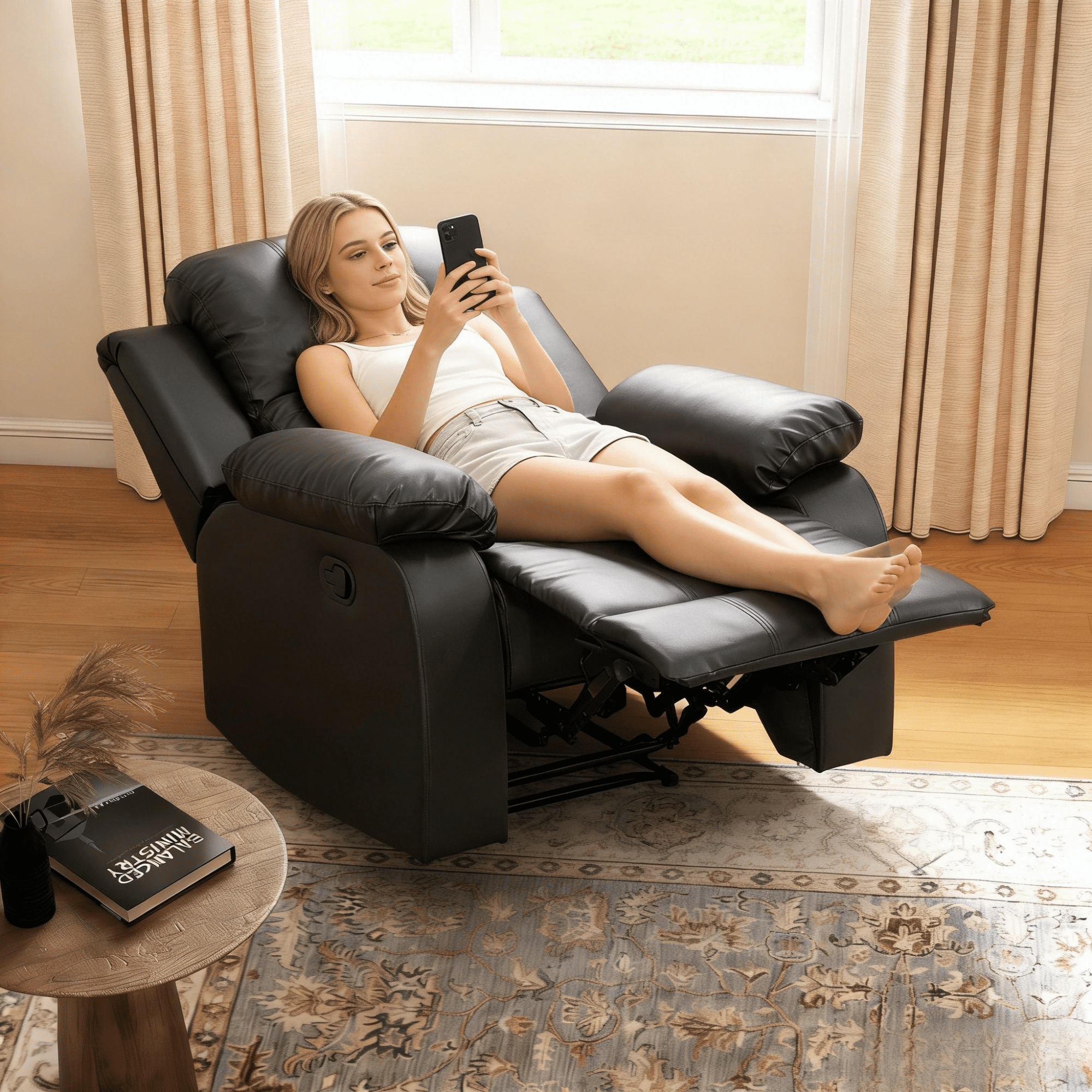 Gewnee PU Manual Recliner Chair Set of 2,Single Sofa Recliners,Adjustable Backrest,Comfort Lazy Chair for Living Room,Bedroom.Black