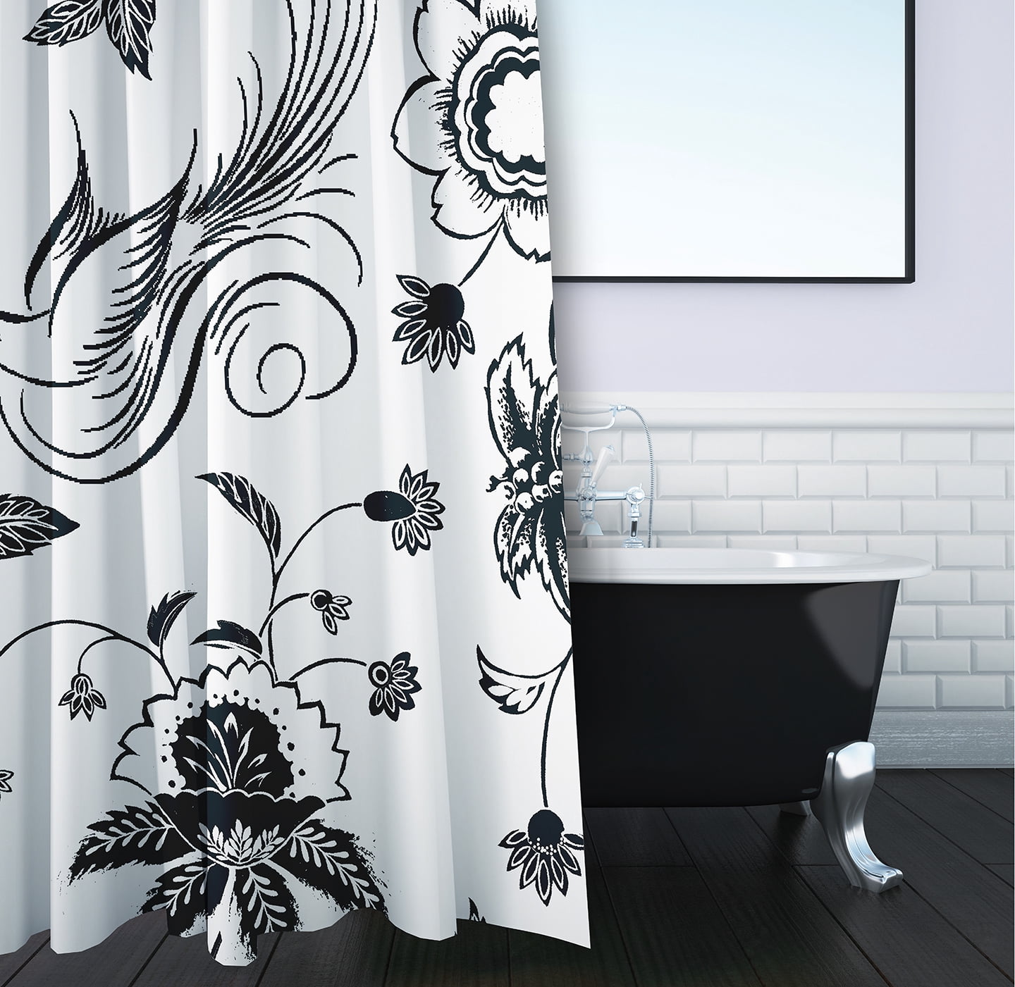 Simply Daisy 70" W x 73" L Traditional Bird Floral Polyester Shower Curtain, Black [1 Ct]