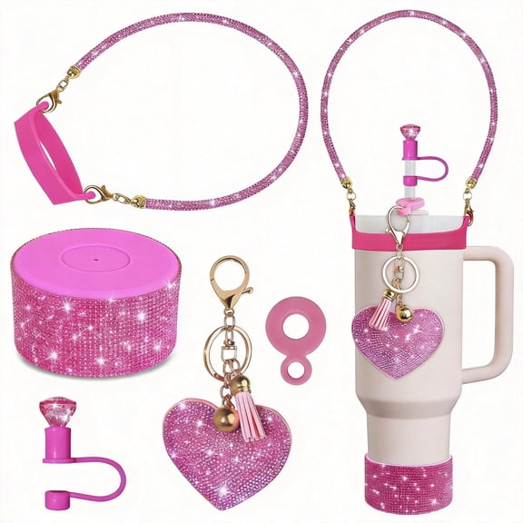 7-Piece Water Bottle Accessory Set for 30 & 40 oz Tumblers with Handle - Includes Silicone Protective Boot, Straw Cover Caps, Decorative Charms, and Carrying Strap - Pink Floral
