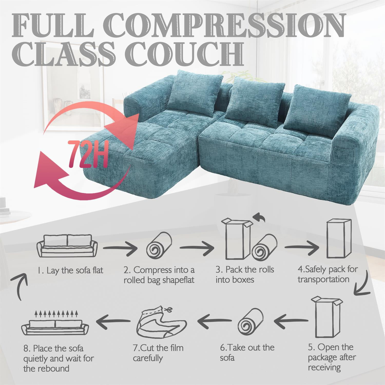 Demi Bonn 98" L-Shaped Modular Sectional Sofa with Chaise, Side Pockets, Modern Comfort Couch, Compression-Free Installation for Living Room, Blue