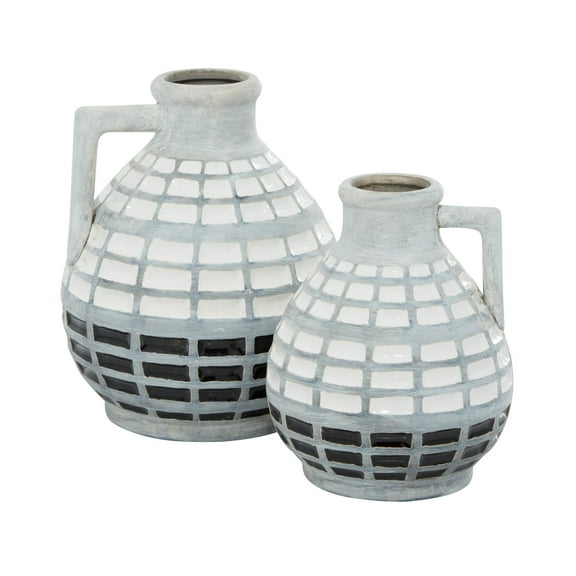 DecMode 8", 7"H Handmade Gray Ceramic Vase with Grid Pattern, Set of 2