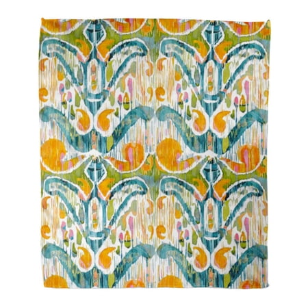 SIDONKU Throw Blanket Warm Cozy Print Flannel Blue Ikat Bohemian Ethnic Pattern in Watercolour Style Watercolor Ornaments Dye Comfortable Soft for Bed Sofa and Couch 58x80 Inches