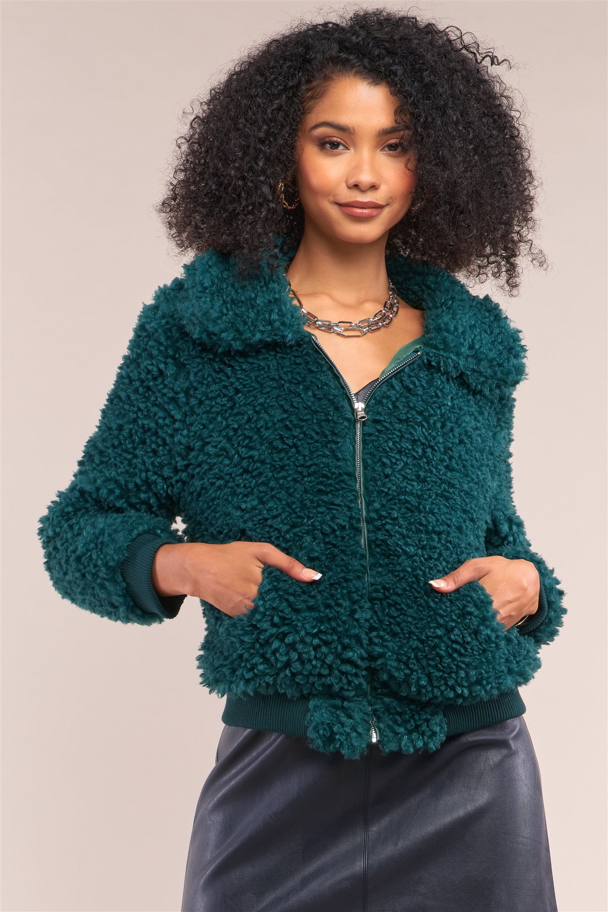 Hunter Green Long Sleeve Zip Front Faux 