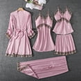 thumbnail image 3 of Camisón largo Gibobby para mujer Conjunto de pijama de satén 5 piezas lencería con ribete de encaje floral Rosa L, 3 of 4