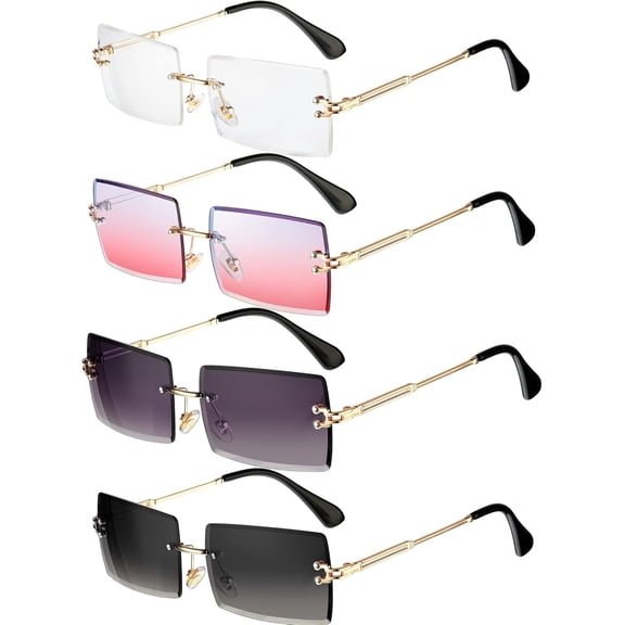 4pcs Retro Rimless Rectangle Sunglasses for Women Men, Tinted Lens Gold Metal Frameless Vintage Square Glasses