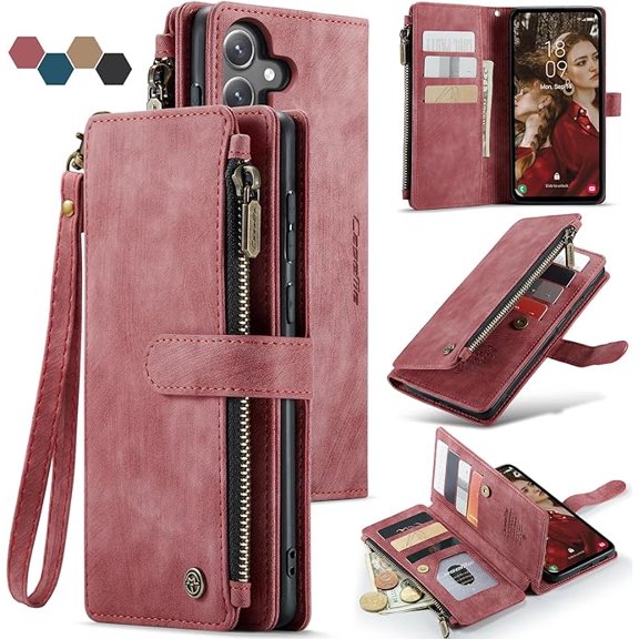Samsung Galaxy S24 FE 5G Wallet Case with Card Holder Kickstand Magnetic Zipper Pocket Lanyard Strap Wristlet,Leather Flip Case Wallet for Samsung Galaxy S24 FE 6.7 Inch