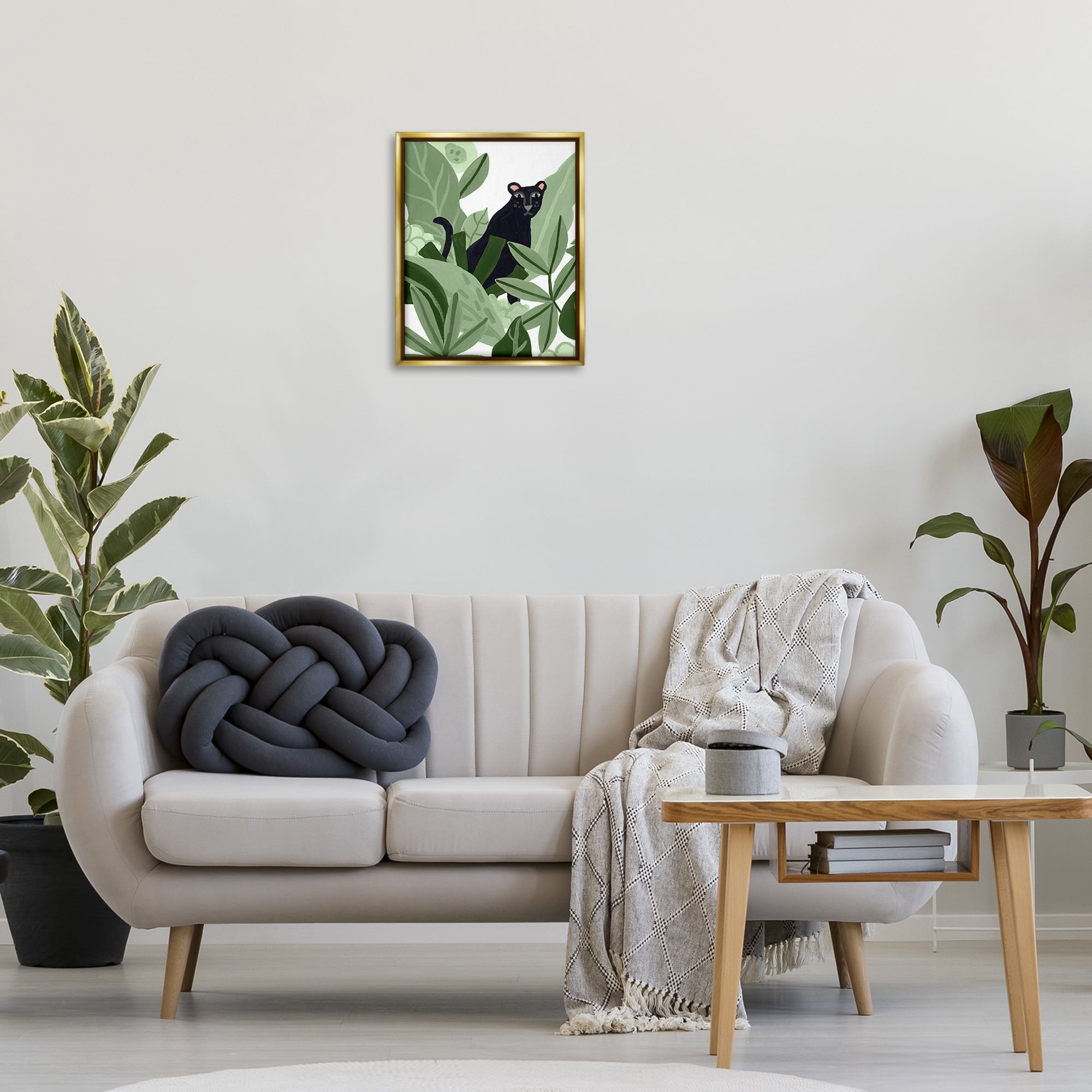 Stupell Industries Panther in Tropical Leaves Plants & Flowers Painting Gold Floater Framed Canvas Art Print Wall Art, 17 x 21