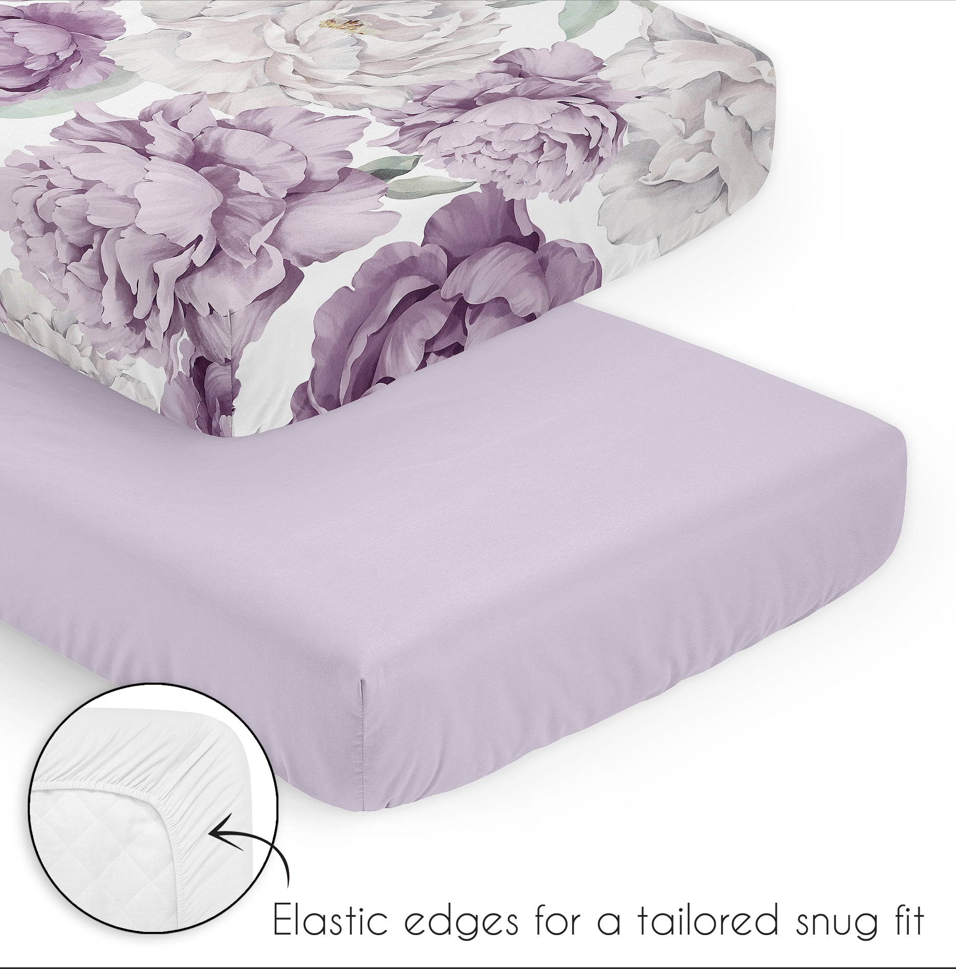 Sweet Jojo Designs Peony Floral Garden Lavender Purple and Ivory Girl Mini Crib Bedding Set 3 Piece