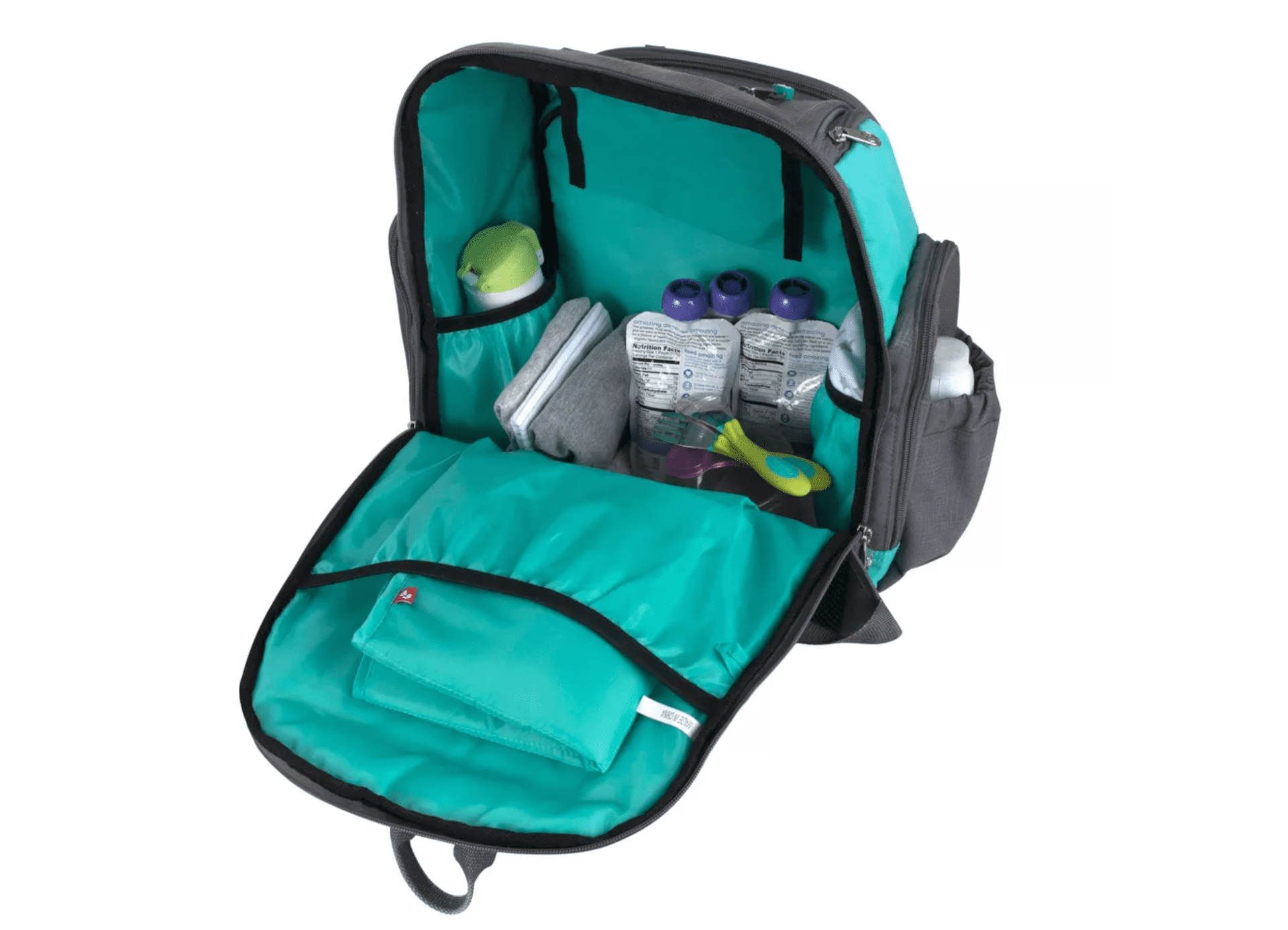 Fisher-Price Large Multi-Pocket Multifunction Kaden Baby Diaper Bag Backpack for Infant Boys & Girls with Insulated Bottle Pocket, Changing Pad, Wipes Dispenser in Unisex Gray & Aqua