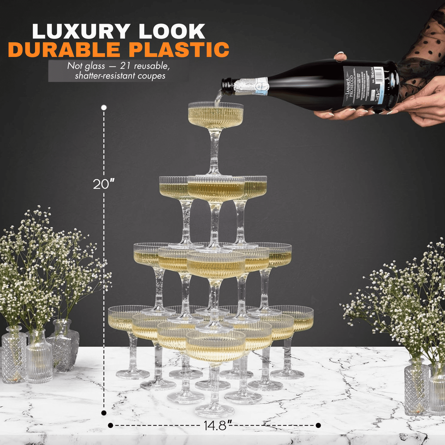 Ksestor 7oz Acrylic Champagne Tower Glasses Set of 20 for Wedding and Party