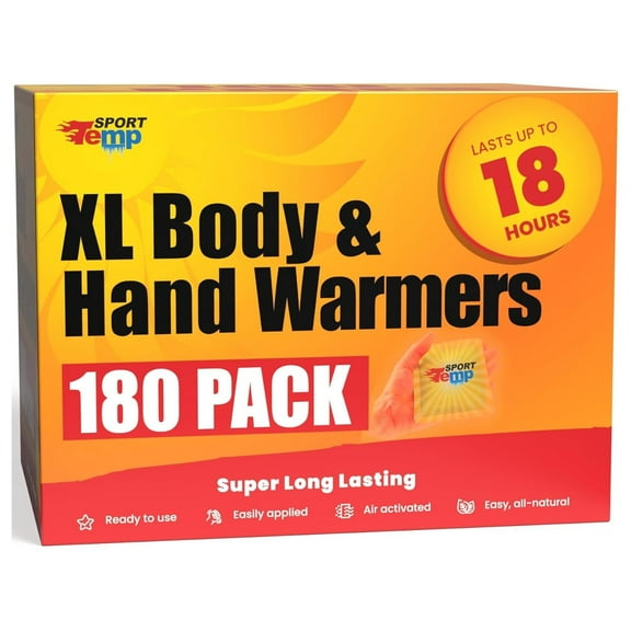 Large Hand & Body Warmers - Up to 18 Hours of Heat, Super Long Lasting - Easy, All Natural - Air Activated, for Body, Hands & Toes - Odorless Hot Hand Warmer - 180 Pack