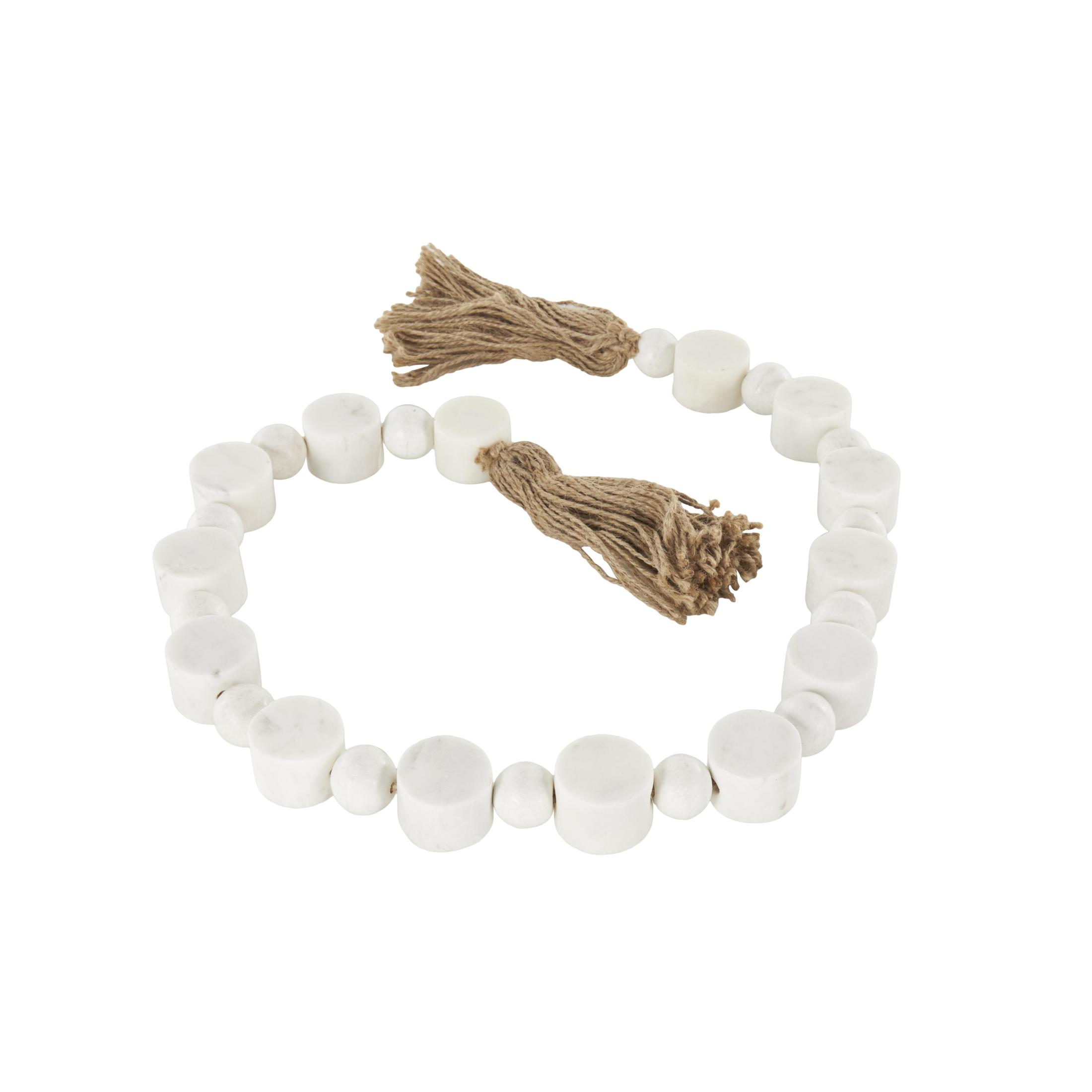 DecMode Handmade Round Extra Long Orb White Marble Garland with Tassel with Knotted Brown Jute