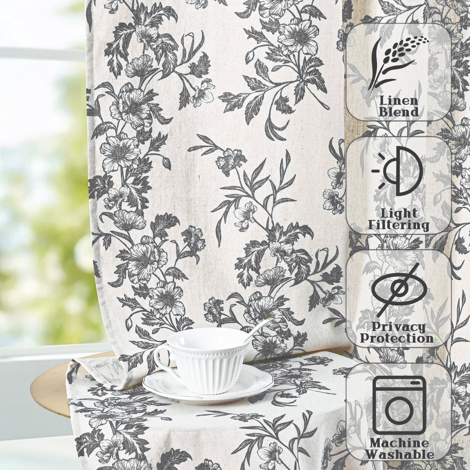 Alishomtll Floral Curtains for Living Room Farmhouse Country Linen Curtains Light Filtering Window Drapes,Black ,52"x84", 2 Panels