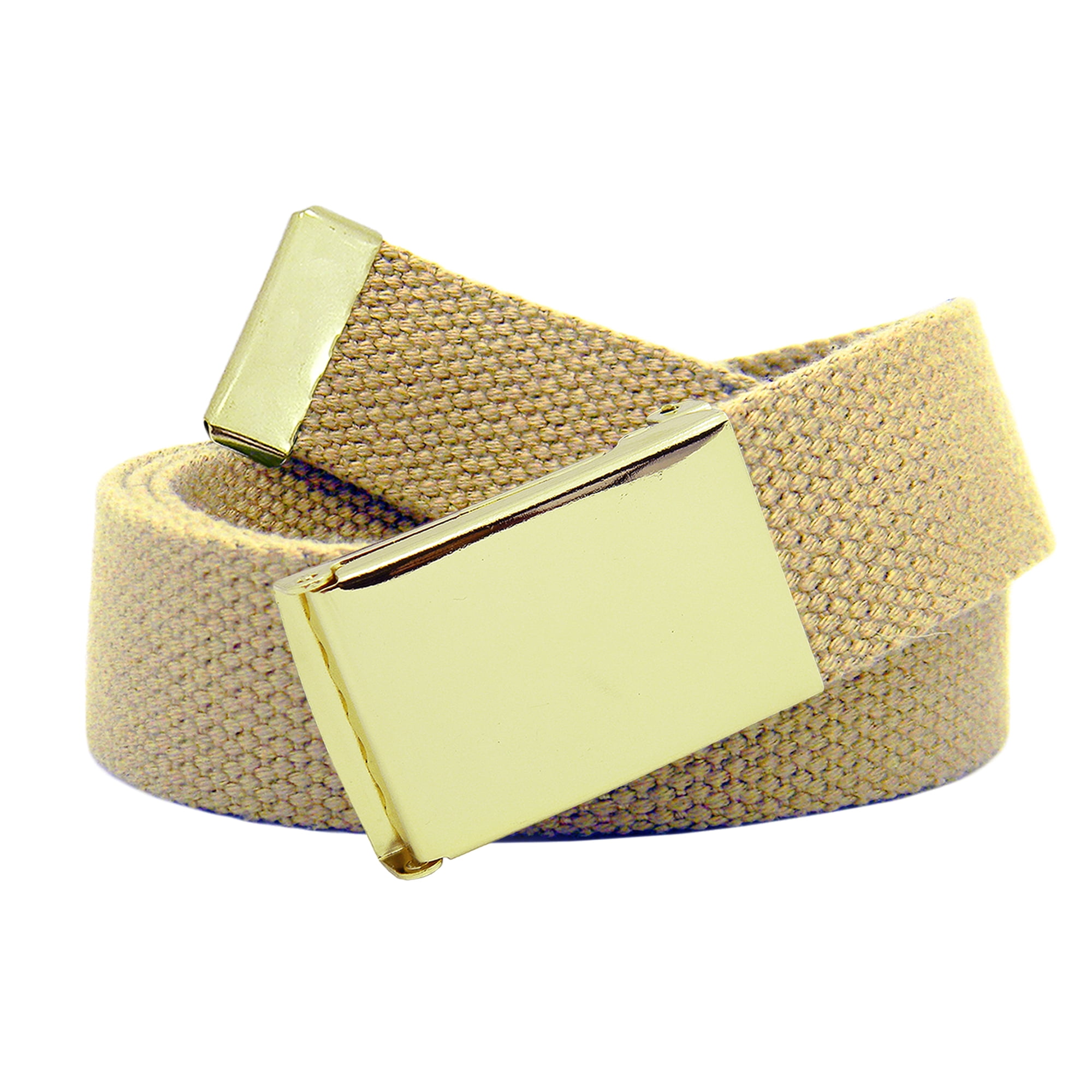 Men s Gold Military Flip Top Belt Buckle with Canvas Web Belt Medium Khaki