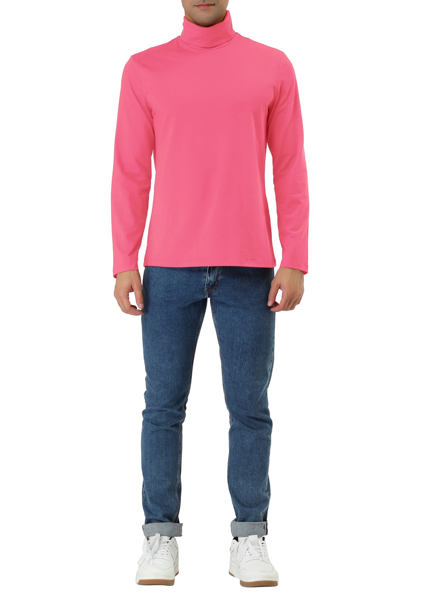 Unique Bargains Men's Pullover Lightweight Long Sleeve Top Turtleneck T-Shirt 42 Fuchsia