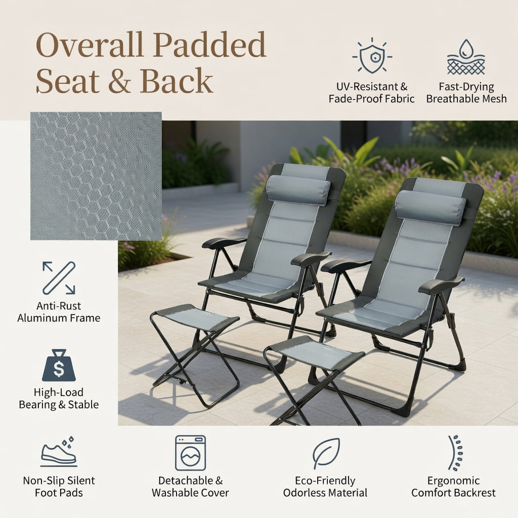 Hommoo Patiojoy 2-Piece Folding Patio Dining Chair Set with Matching Ottomans, Adjustable Reclining Steel Frame, Breathable Oxford Fabric, Outdoor Seating for Deck, Poolside & Lawn, Gray