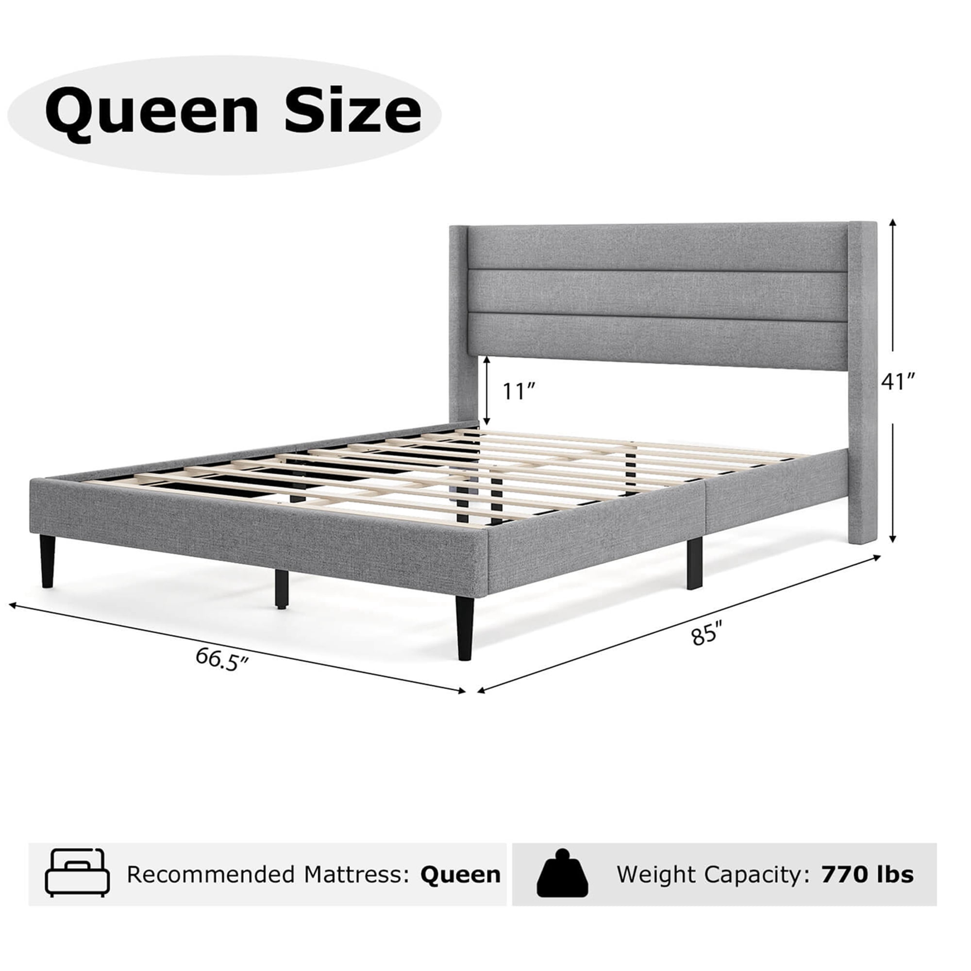 Costway Queen Bed Frame with Wingback Headboard Linen Upholstered Platform Bed Grey
