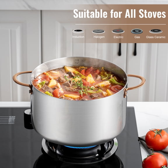 Tri-Ply Stainless Steel Stock Pot with Copper Handles & Glass Lid, 8 Quart (10.2" x 5.7"), 2.3mm Thick, Suitable for All Stoves - Premium Cookware for Simmering, Boiling & Stewing
