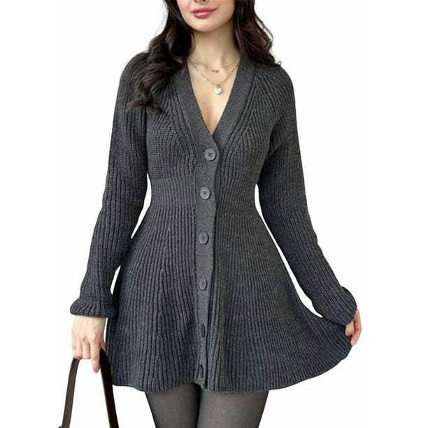 Vestido Mini de Punto con Cuello en V, Larga y Botones para Mujer Gris XL