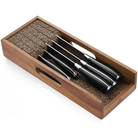 Knife Drawer Organizer Insert, In Drawer Knife Block, Acacia Wood Knife Holder with Cork Dividers For Kitchen Chef Steak Knife Storage Keep Drawer Tidy (Acacia Wood, 15 x 5.9 x 2.6 In)
