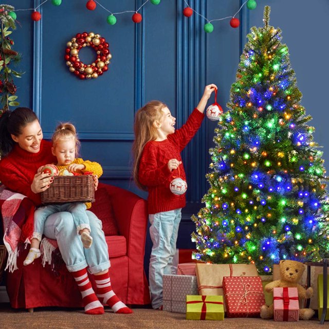 Goplus 6FT Pre-Lit Artificial Christmas Tree Auto-Spread/Close up Branches 11 Flash Modes with Multicolored 350 LED Lights & Metal Stand