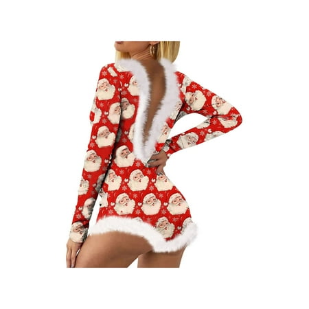 

Women s Christmas Fluffy Trim Backless One Piece Romper Onesie Pajamas Jumpsuit