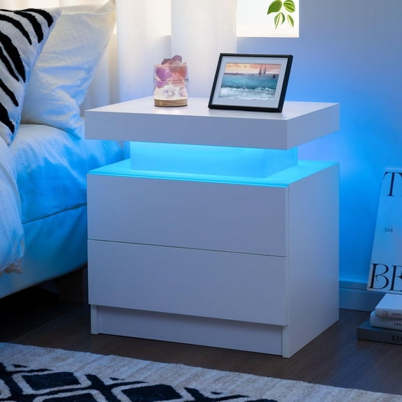 White Nightstand with LED Light Nightstand with 2 Drawers Modern Bedside Table LED End Side Table for Bedroom