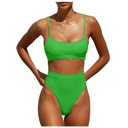 WERYOUNG Womens High Waisted Swimsuits Bottom Padded Bathing Suits Bikini Sets Tops 2PCS Swimwear Summer Tropical Brazilian Vacation Beachwear Stylish Green S