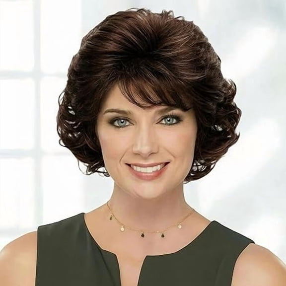 Women's Short Brown Curly Synthetic Wig, Voluminous Layered Bob Wig with Bangs, Heat Resistant Fiber No Lace Daily Hair Wig for Mature Women