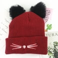 thumbnail image 4 of Gorro de lana de cordero para mujer, cálido gorro de invierno de punto trenzado con dos orejas de pompón y orejas de gato, 4 of 5