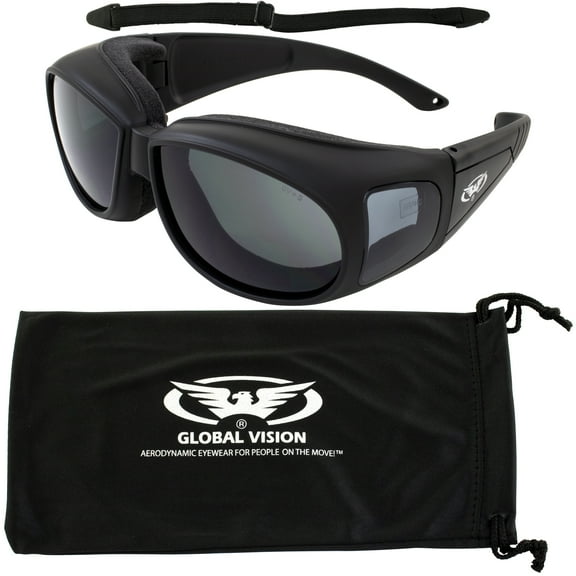 Motorcycle Safety Sunglasses Fits Over Eye Glasses Smoked Lenses Unisex ANSI Z87.1   Pouch & Strap