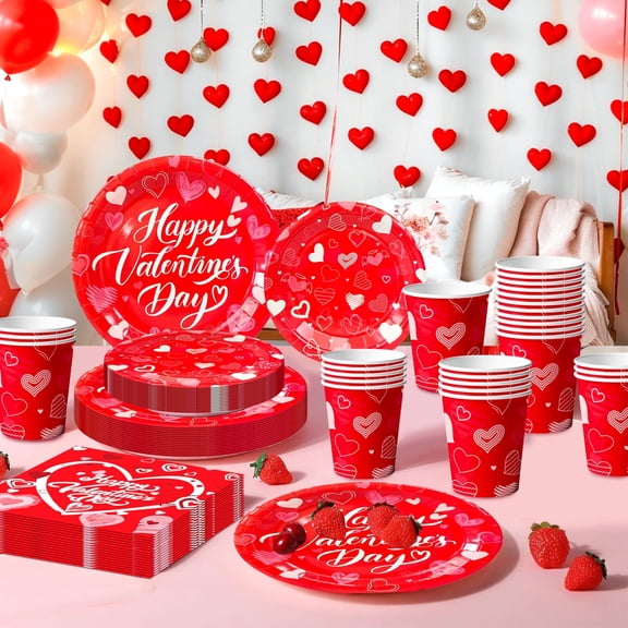 Valentines Day Party Tableware Set 97 Pcs, Valentine's Day Party Supplies Include Plates Napkins Cups Tablecloth, Romantic Valentine Table Decor for Wedding Bridal Shower Date Night