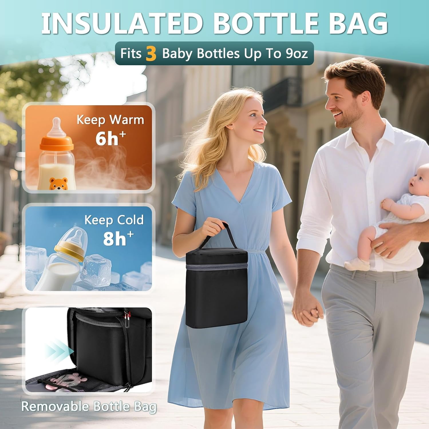 Dad Diaper Bag Backpack - Large Waterproof Travel Baby Bag for Men with Detachable Bottle Bag & Insulated Pocket, Black