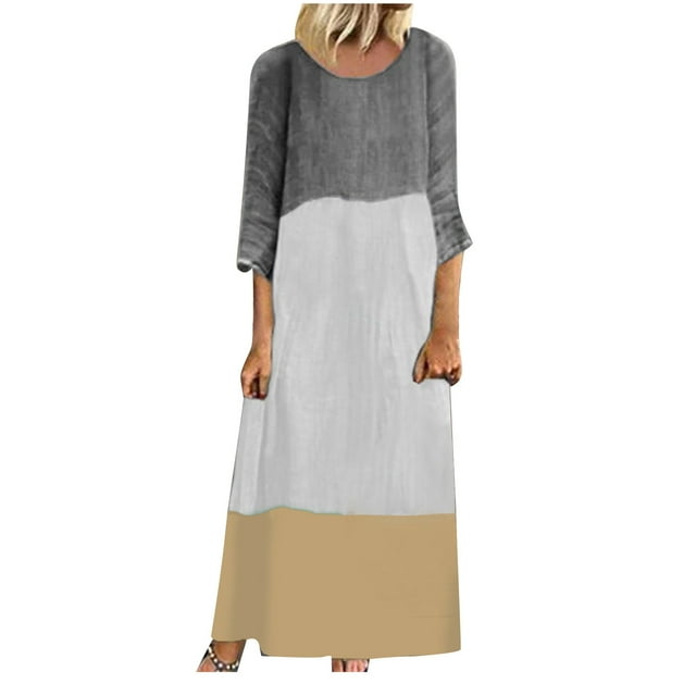 QIPOPIQ Robes pour Femmes Manches Longues à Volants Printemps et Col Rond Robe d'Été en Coton et Lin Robes Décontractées Couture Contrastée Épaule Manches Longues Robe Offres 2023