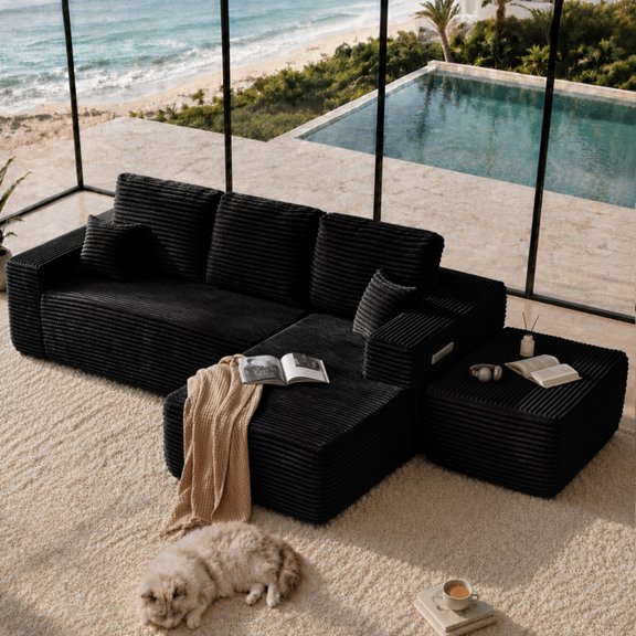 Cloud Sectional Sofa 104 Inch, U-Shape Modular Couch with Side Pockets and Deep Seating, Upholstered Living Room Sofa, No Assembly Required, Black, Right Chaise