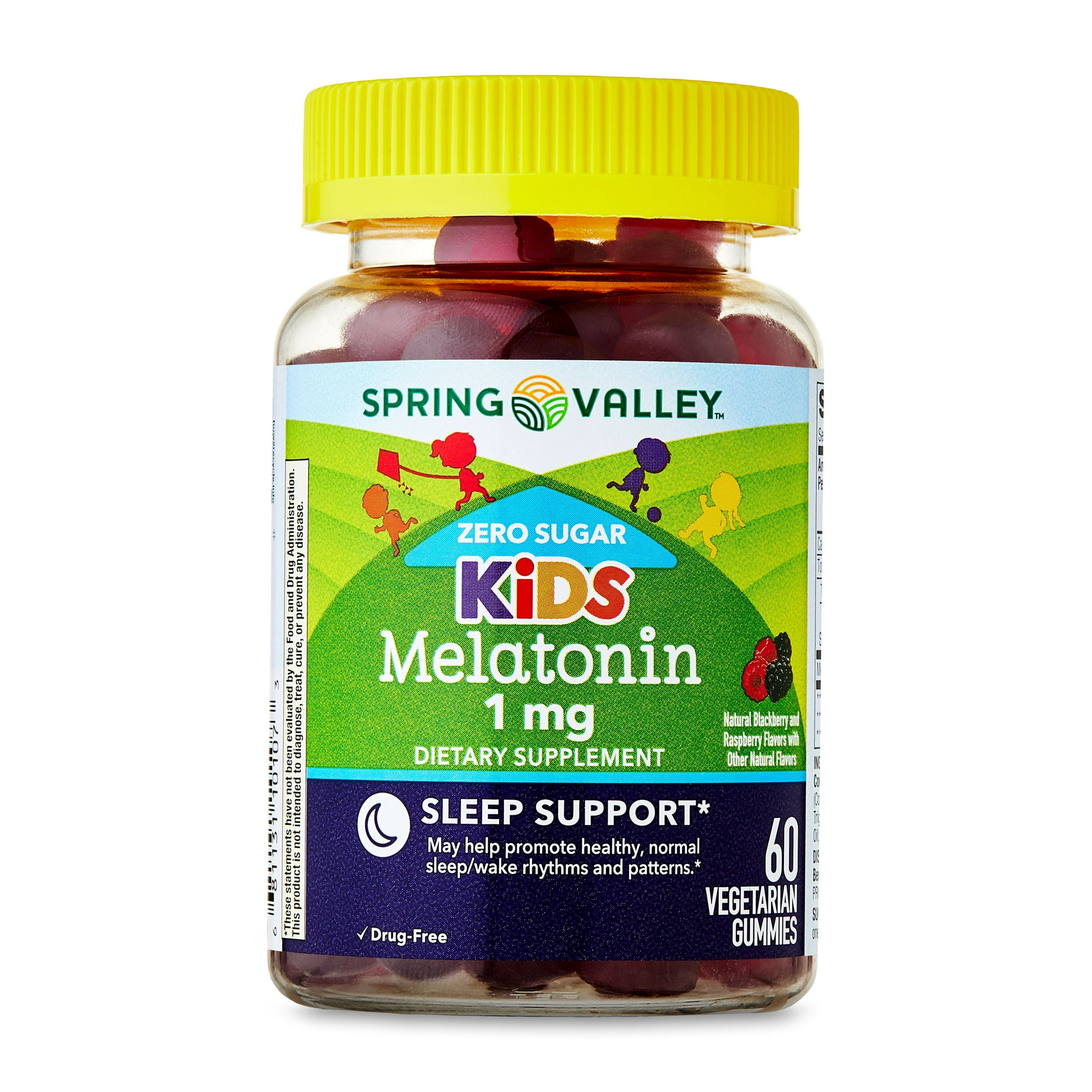 Spring Valley Zero Sugar Kids Melatonin Sleep Support Dietary Supplement Gummies, Blackberry and Raspberry, 1 mg, 60 Count