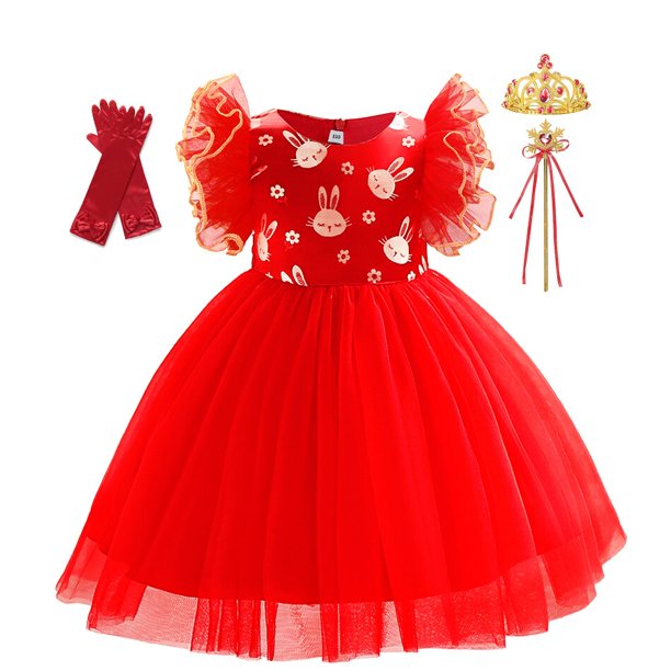Vestidos de fiesta de boda para niños niñas Tutu tul princesa vestido volantes conejo bordado elegante niños cumpleaños noche Dress4T (Etiqueta 110) Gao Jinjia LED