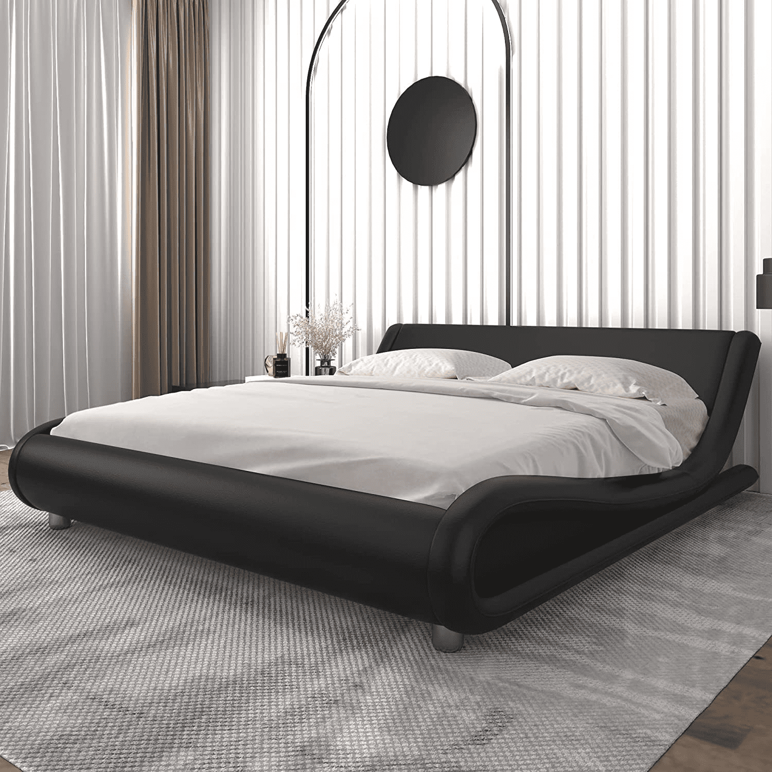 Einfach Full Platform Bed Frame, Faux Leather and Adjustable Headboard