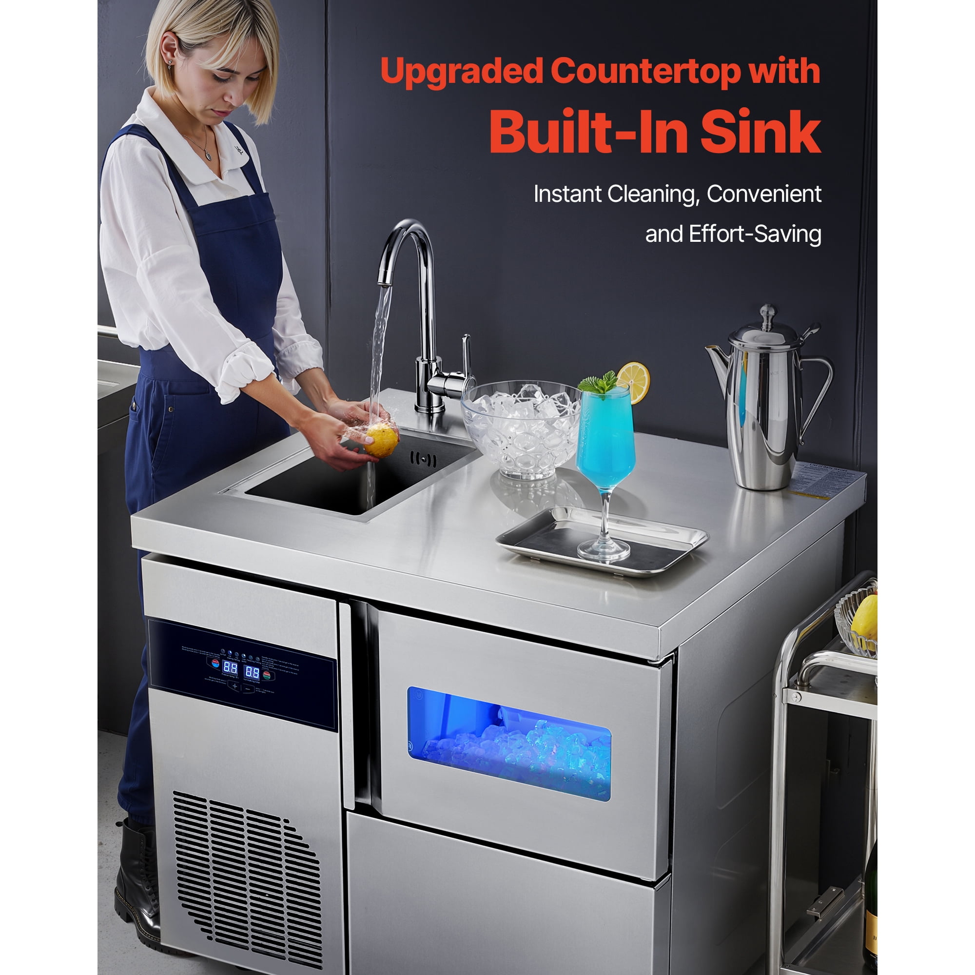 KFFKFF Commercial Ice Maker Machine, 132 lbs/24H Stainless Steel Ice Maker with Integrated Sink, 30 lbs Storage & 70 Cubes per Cycle, Self-Cleaning Freestanding Unit for Home, Bar, or Restaurant Use