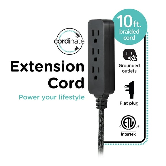 Cordinate Designer Extension Cord, 3-Outlet 10-Foot Cord, Black, Indoor, 42024