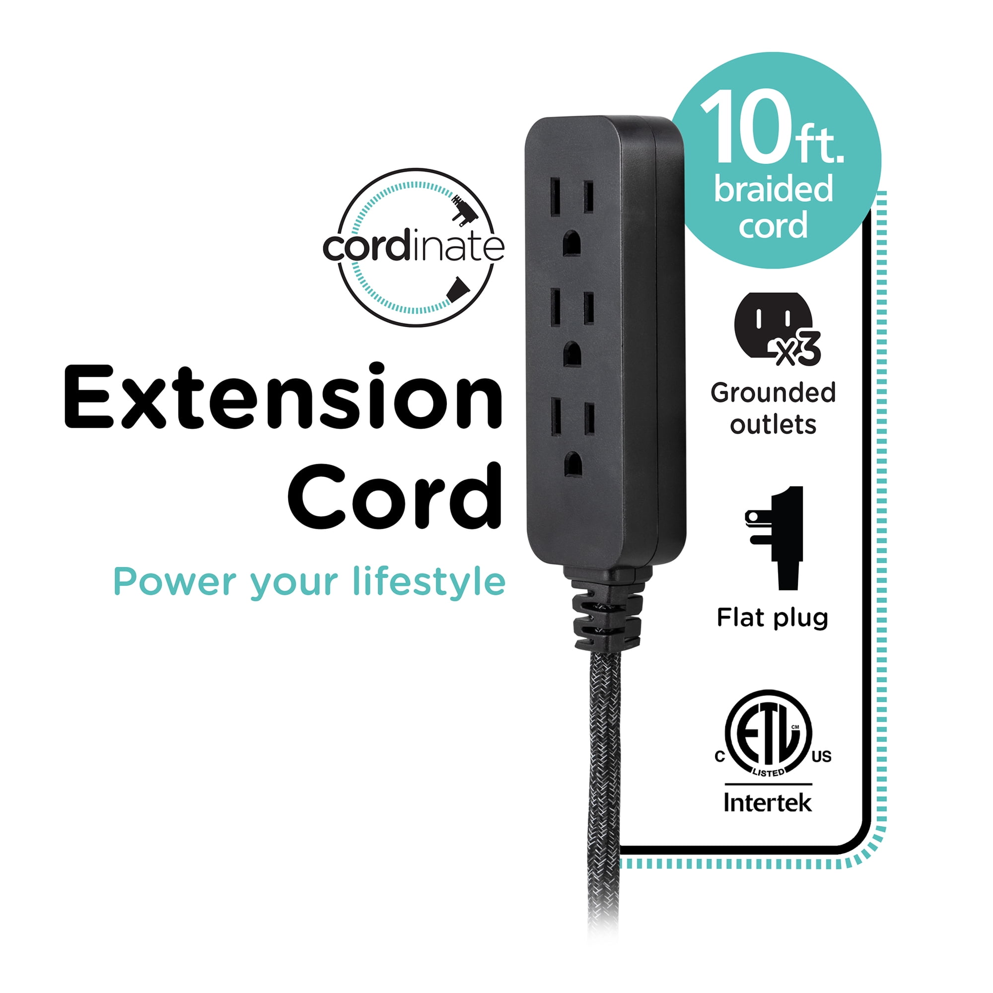 Cordinate 10FT 3-Outlet Indoor Extension Cord, Flat Plug, 3 Prong, Black/Gray