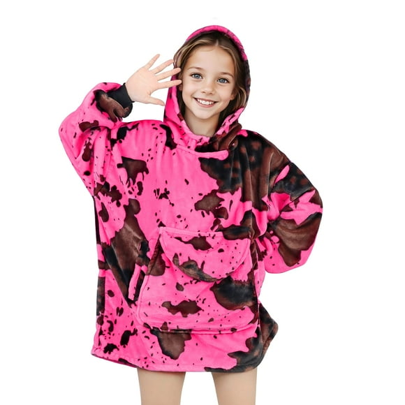 Kivee Wearable Blanket Hoodie Kids Pink Cow Print Sweatshirt Blanket With Giant Pocket Warm Cozy Cow Hooded Blanket 6-10 Year Old Girl Boy Birthday Cow Gifts