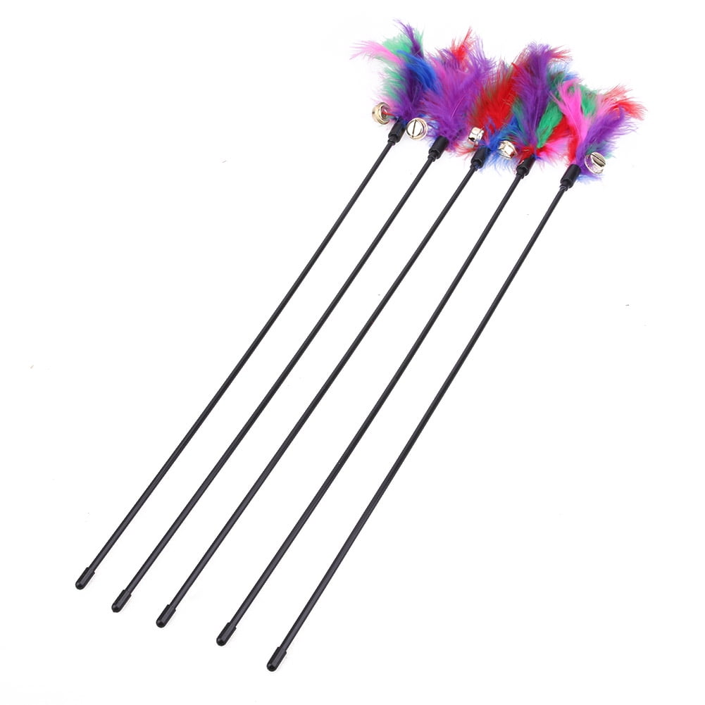 5Pcs Cat Kitten Pet Teaser Turkey Feather Interactive Stick Toy Wire Chaser Wand 