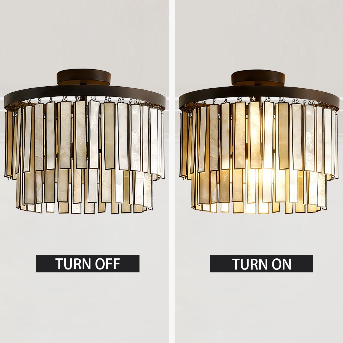 Natural Coastal Ceiling Light , Indoor Flush Mount with Round Bronze Capiz Tile, Hand-polished Light Fixture, Close to Ceiling Light for Bedroom, Entryway, Living Room