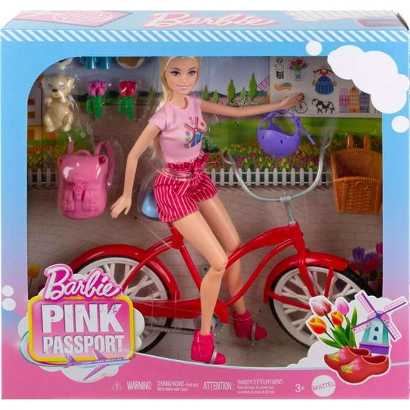 Barbie Pink Passport Holland Doll Set with Bicycle, Clothes, & Travel Accessories
