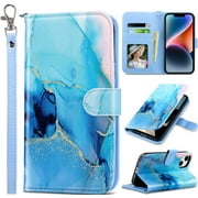ULAK Wallet Case for iPhone 14 Plus for Women Girls, Kickstand 14Max Phone Case with Card Holder for Apple iPhone 14 Plus 6.7 inch 2022, Blue Marble