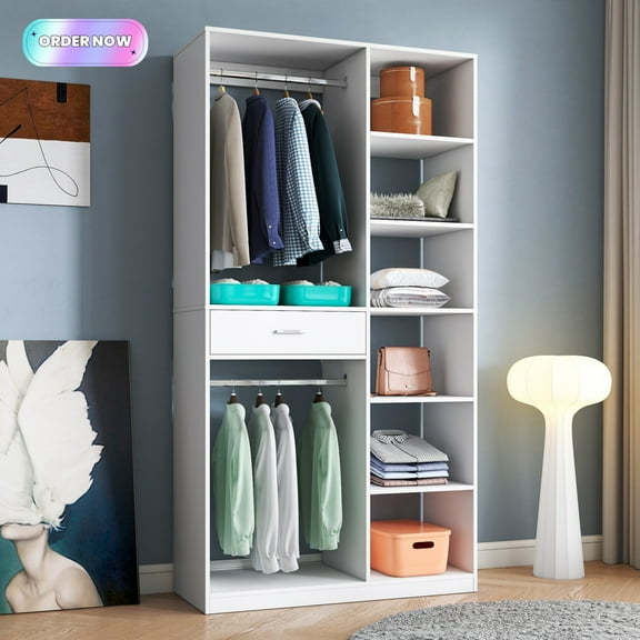 Tcbosik Freestanding Closet with Open Shelves, Modern Wardrobe with Drawer and Open Shelves, Armoire with 2 Hanging Rods for Bedroom, White